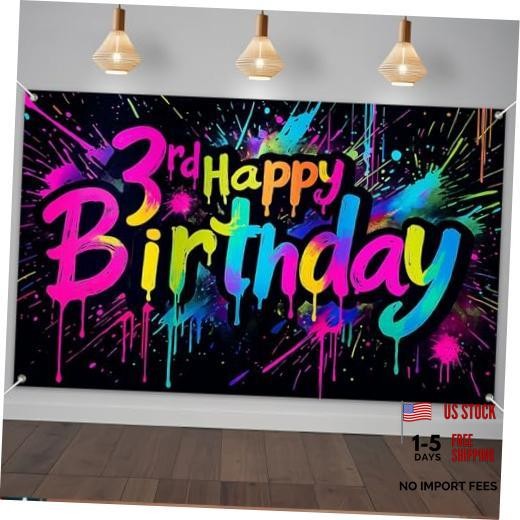 3rd Happy Birthday Party Banner 71 x 43 Inches Rainbow Neon Happy Birthday 3rd