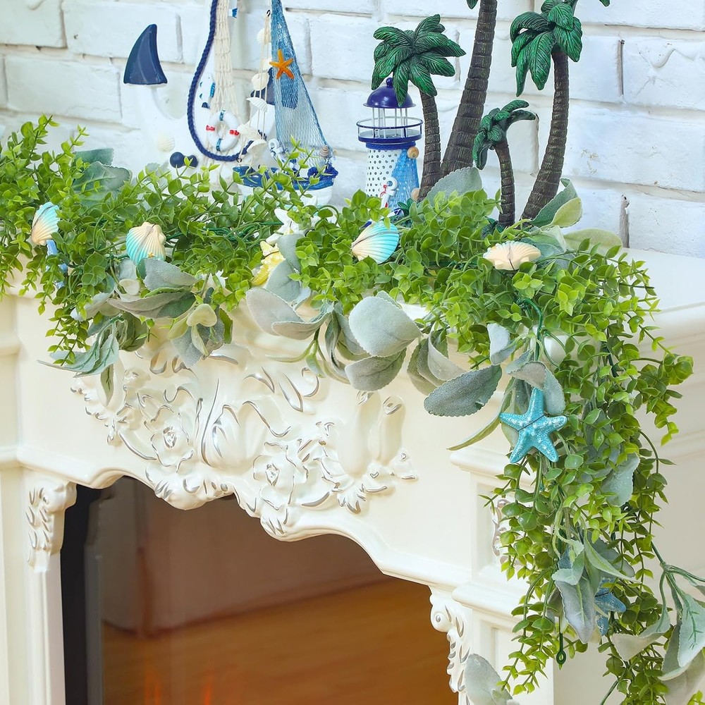 6 Ft Shell Garland Beach Mantel Swag Coastal Decor Green, Blue, White