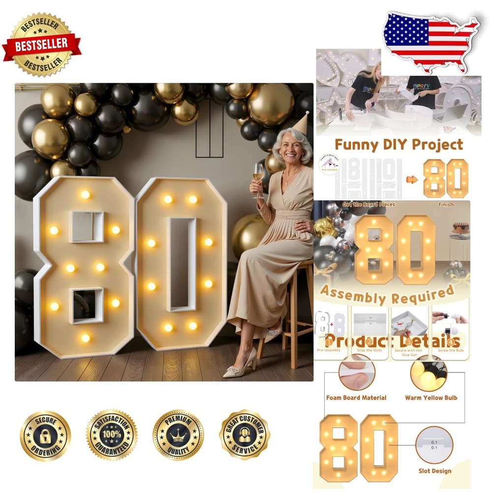 Large 3FT Light Up Number 80 Birthday Decorations – Foam Board Arch