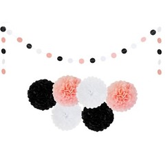 14pc Pink Black White Party Decorations Pom Pom Flowers & Dot Garland Set Birthd