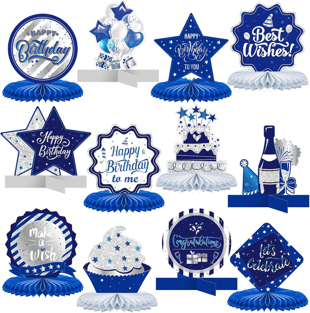 12 Pieces Birthday Table Decorations Blue Honeycomb Centerpieces for Table Decor