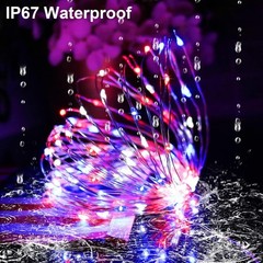 Patriotic Solar Fairy String Lights, 200 LED Red White Blue Waterproof Decor