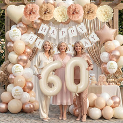60Th Beige Birthday Decorations for Women, Cream Foil Number Heart Brown Star Ba