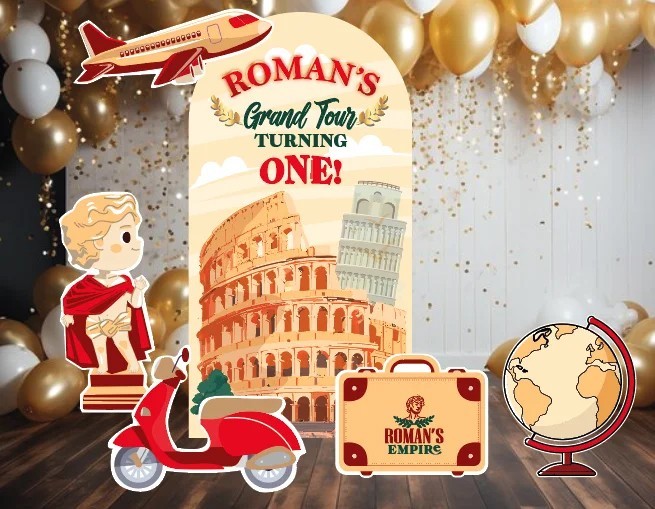 Roman Travel Adventure Theme Backdrop Birthday, Party props