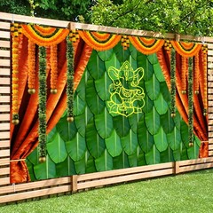 India Pooja Traditional Backdrop Banana Leaf Chatiya Ganesh Photo Background