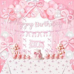 Pink Bow Birthday Decorations 92pcs Coquette Birthday Decor with Happy Birthd…