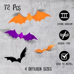 72PCS Halloween Bats Decoration, 4 Different Sizes Black Orange, And, Purple