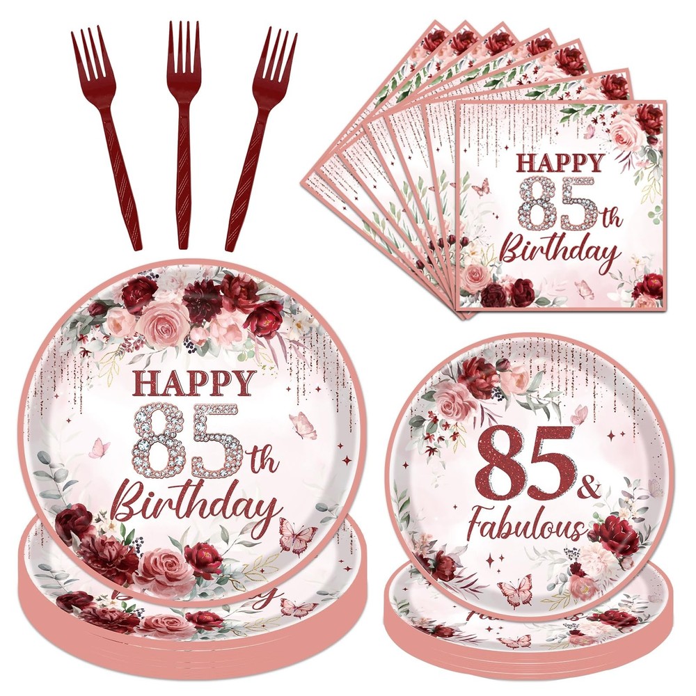 85th Birthday Decorations for Women, 96PCS Burgundy Birthday Party Disposable…