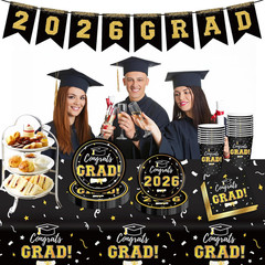 2026 Graduation Tableware Set Black Disposable Plates Cups Napkins Kit Serve 25s