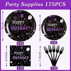 Purple and Black Disposable Birthday Tableware (Plates, Napkins, Forks)