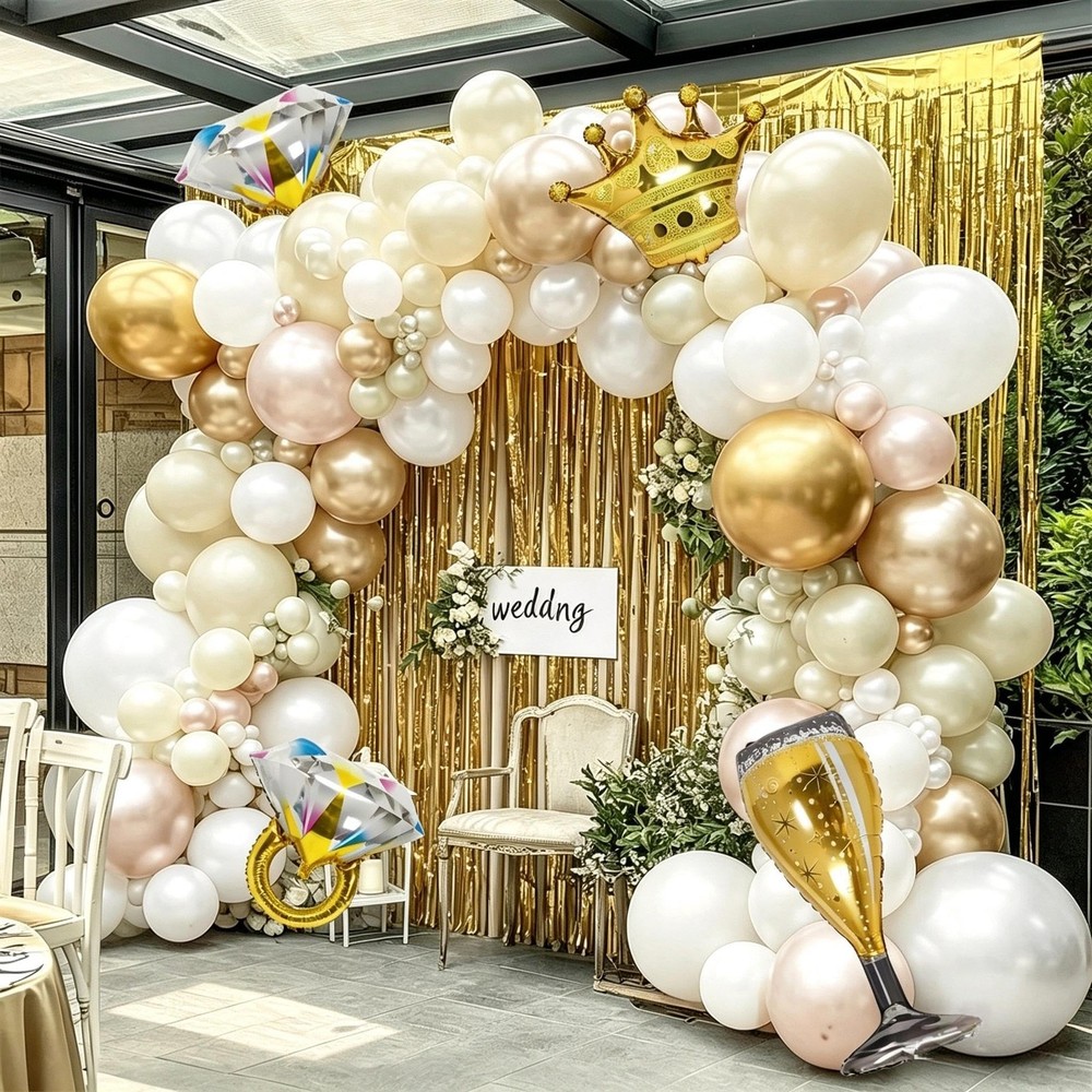 White Gold Balloon Arch Kit, Double Stuffed Gold and White Balloons Latex Nud…