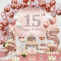 15th Birthday Decorations – Rose Gold Arch, Banner, Tablecloth, rose gold 15th