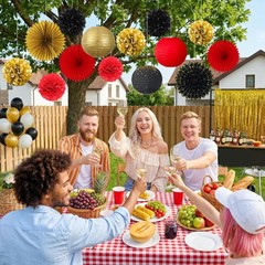 Red Black Gold Party Decorations, 14 Pcs Hanging Fans, Lanterns, Pom Poms – E…