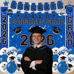 2026 Graduation Decorations Set – Blue Theme, Congrats Grad Banner, Backdrop, Ba