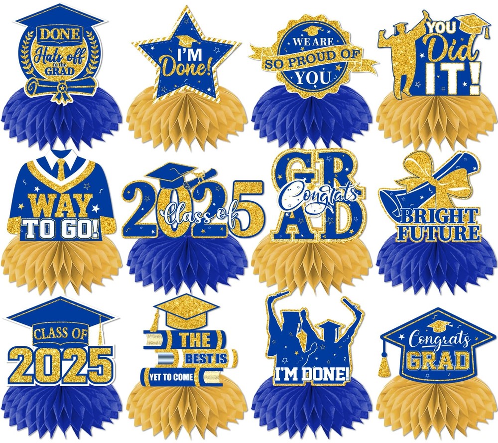 12Pcs Blue and Gold Graduation Decorations Hoenycomb Centerpieces 2025 Glitte…