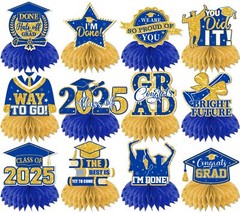12Pcs Blue and Gold Graduation Decorations Hoenycomb Centerpieces 2025 Glitte…