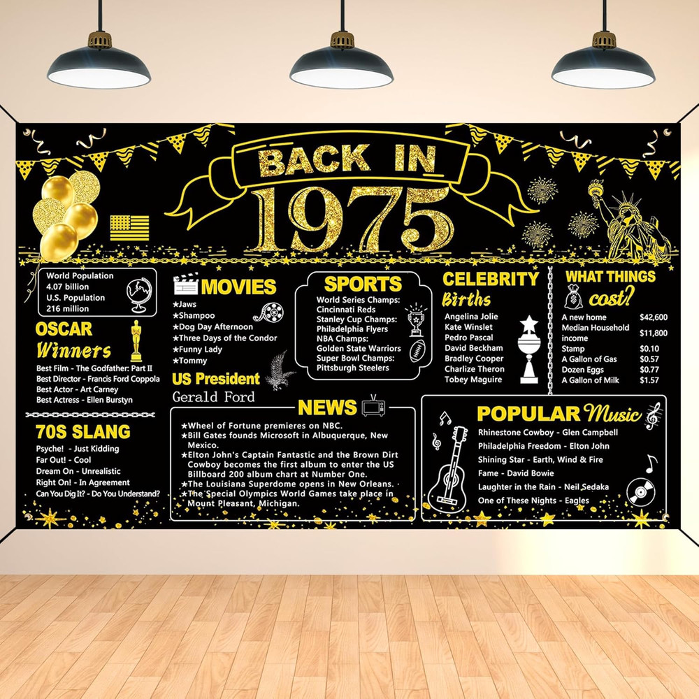 51st Birthday Black Gold Party Decoration, Back in 1975 Banner 51 Year Old Birth