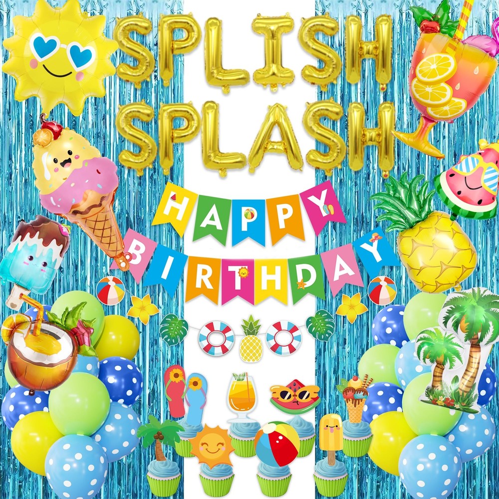Blue Summer Pool Birthday Party Decorations For Boy Balloons Cake Toppers 63 PCS
