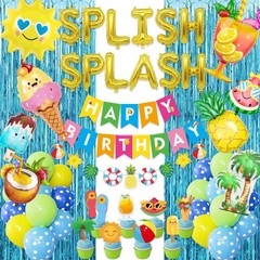 Blue Summer Pool Birthday Party Decorations For Boy Balloons Cake Toppers 63 PCS
