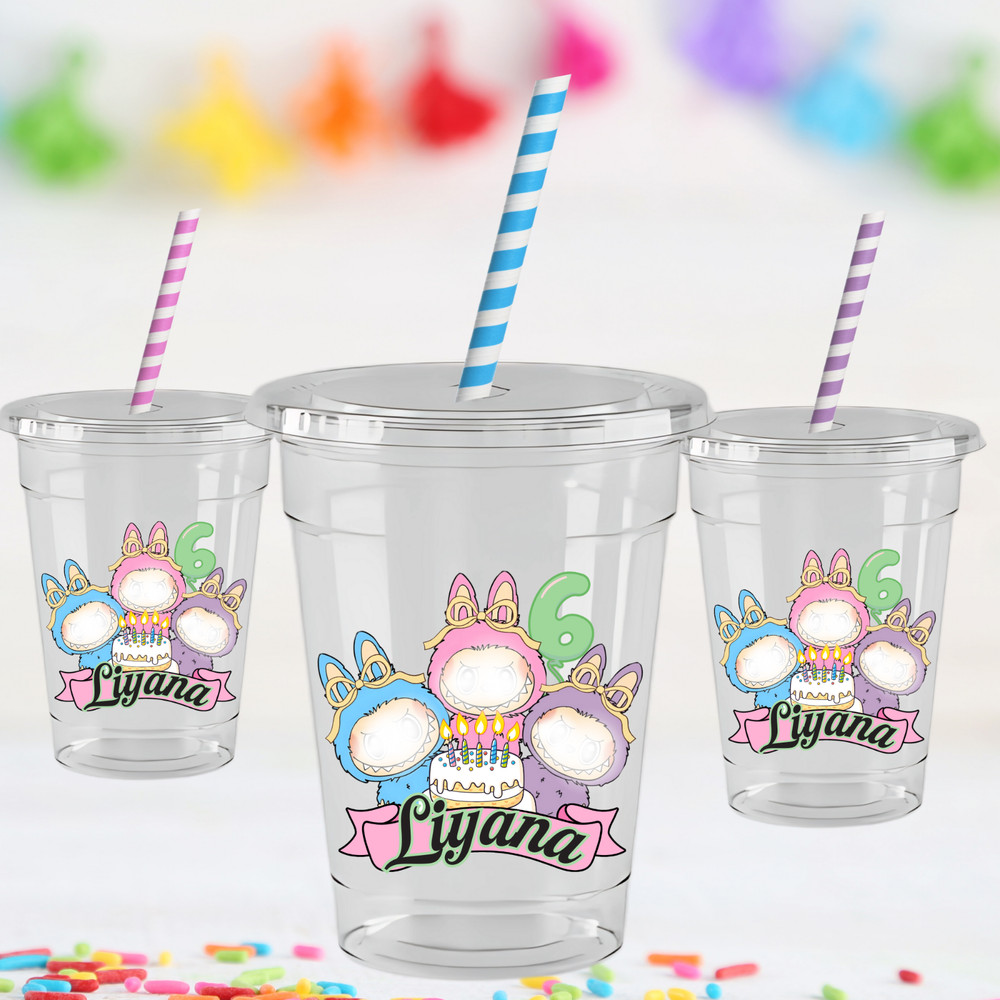 Cute Monster 16 oz Party Cups with Lids & Straws | Personalized w Name & age