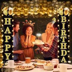 Birthday Lighted Banner Decorations for Men Women – Black Gold Happy