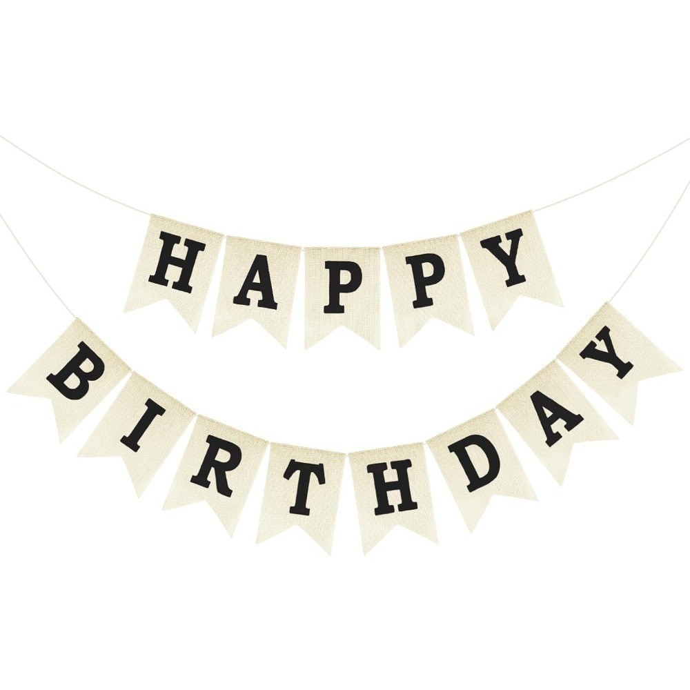 Happy Birthday Banner Black Burlap Sign Party Decoration Bunting for Women Men