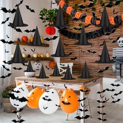 12pcs Halloween Black Witch Hat with 157 FT Nylon Cord &120pcs Bat Sticker