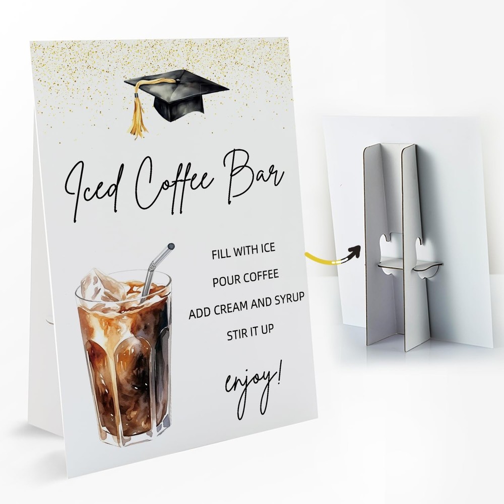 1 PCS Graduation Iced Coffee Bar Table Sign with Stand, 8 x 11 Inch, Graduati…