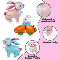 3Pcs Easter Walking Bunny Balloons With Wheels for , Pull Along Walking Bunny…