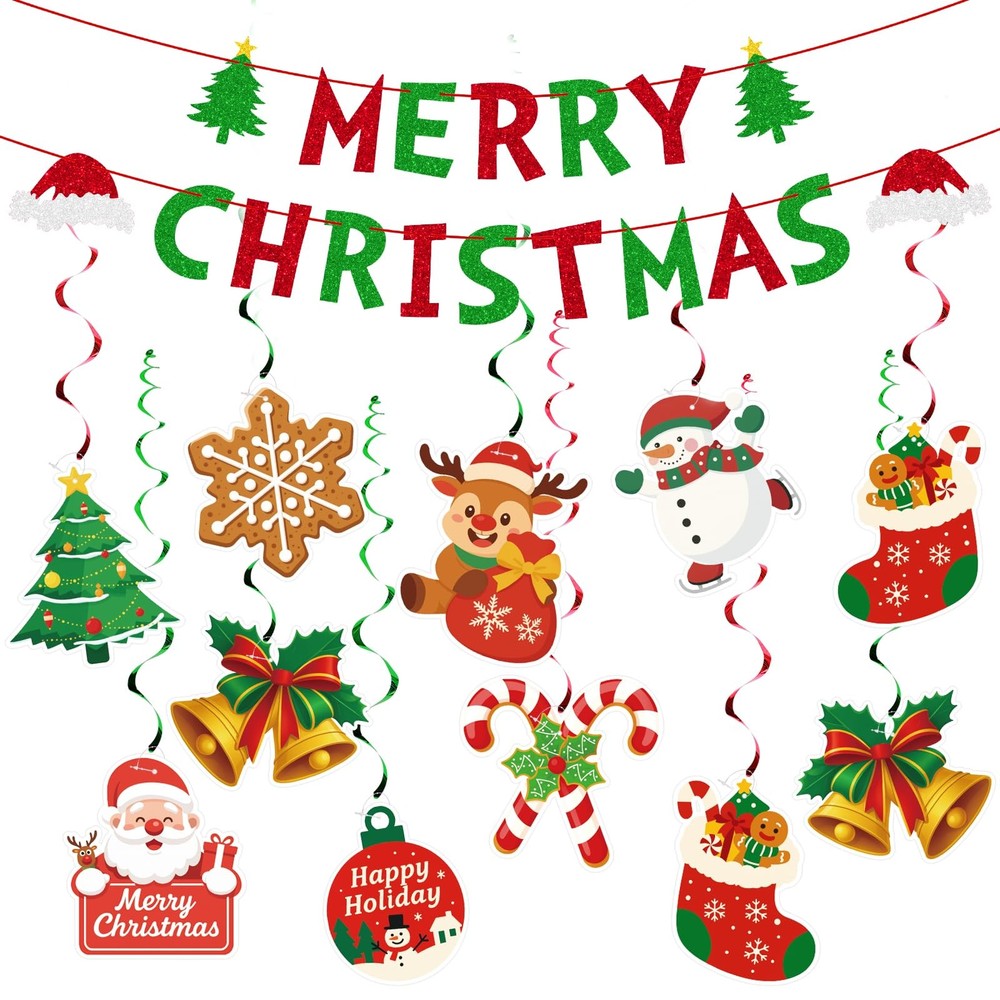 38Pcs Merry Christmas Banner Xmas Decorations – Pre-Assembled Hanging Swirl, …