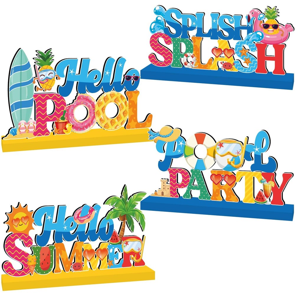 4 PCS Pool Party Decorations Wood Table Centerpieces Hello Summer Splish