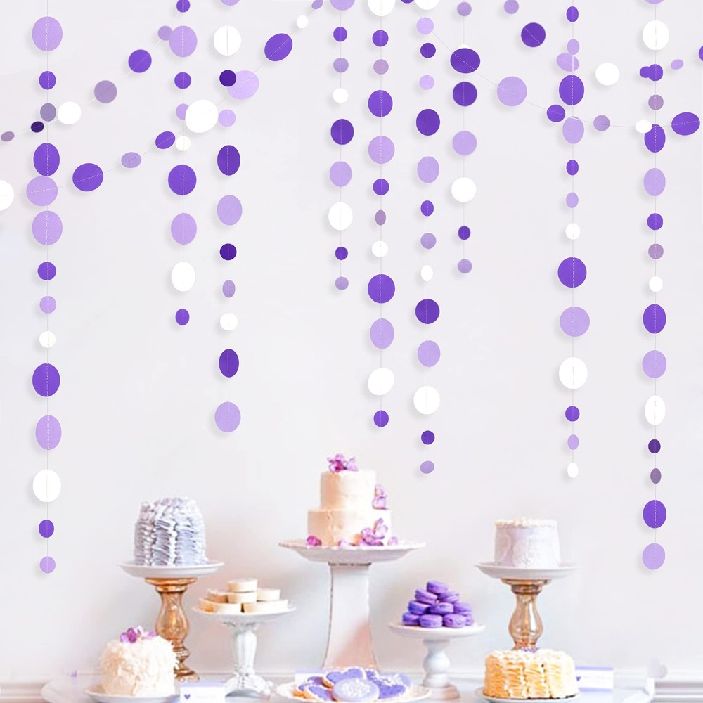 46 Ft Purple and White Circle Dots Garland Lavender Hanging Paper Polka Dot S…