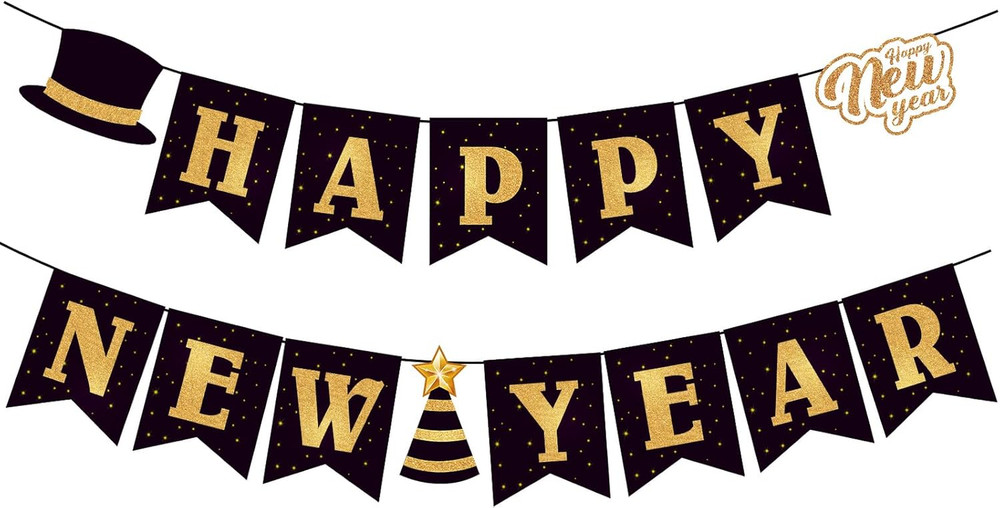 Happy New Year 2026 Banner, Black and Gold Happy New Year Party Supplies, Hangin
