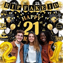Black And Gold 21st Birthday Decorations For Him Her Balloons Backdrop Swirls