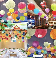 9pcs 10″ Round Hanging Paper Lanterns Pink, Yellow & Purple – A0012