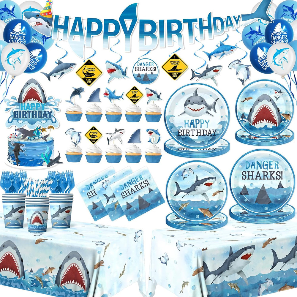 Shark Birthday Party Decorations, 190Pcs Shark Party Supplies Tableware Set with