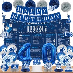 40th Birthday Decorations for Men & Women, Vintage 1986 Banner, Blue & Silver Ba