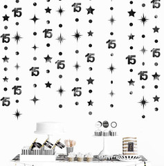 Black 15Th Birthday Decorations Number 15 Circle Dot Twinkle Star Garland Metall