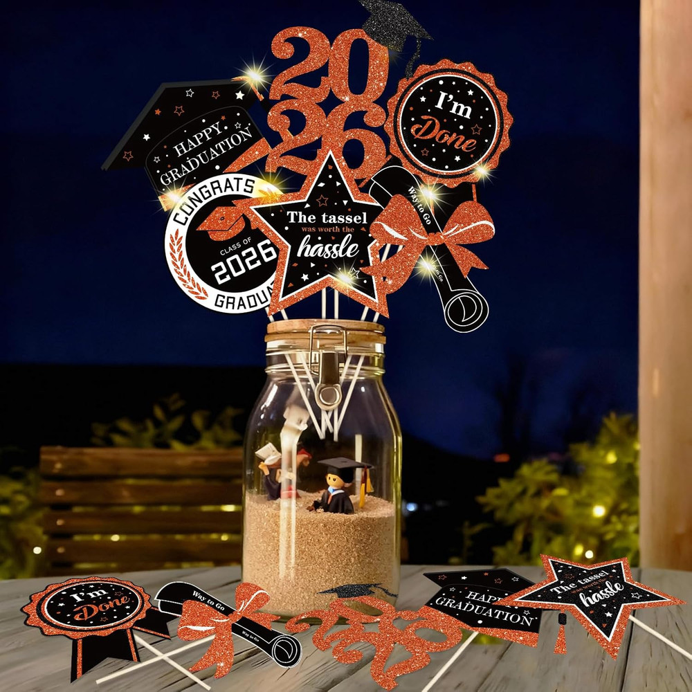 30Pcs Black Orange Granduation Decorations Class of 2026 Double Sided Graduation