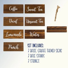 Wood Beverage Labels Sign Set , 7 Pc Drink Labels Carafe, Dispenser, Bottles
