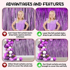 Voircoloria 2 Pack Purple Foil Fringe Backdrop Curtains, Tinsel Streamers