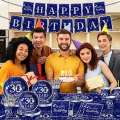 142 Pcs 30th Birthday Tableware Set Decorations Sliver and Blue 30th Happy Bi…