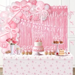 Pink Bow Birthday Decorations 92pcs Coquette Birthday Decor with Happy Birthd…