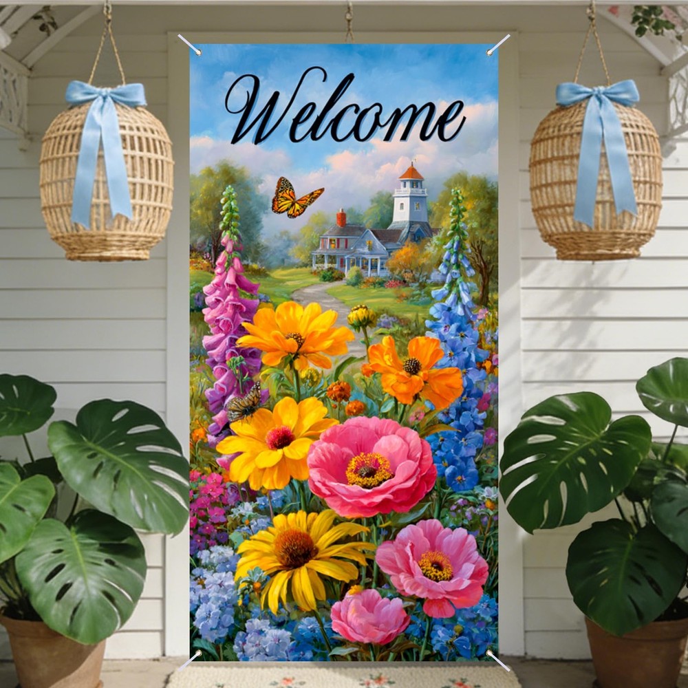 Spring Door Covers Banner Welcome Cottage & Flower Design 35.4×70.86inches Po…