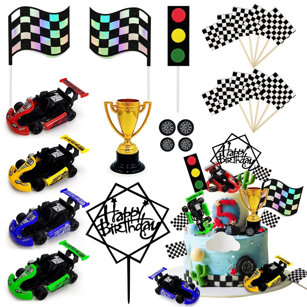 Racing Car Cake Decoration Car Cake Topper Happy birthday Card Inserted for K…