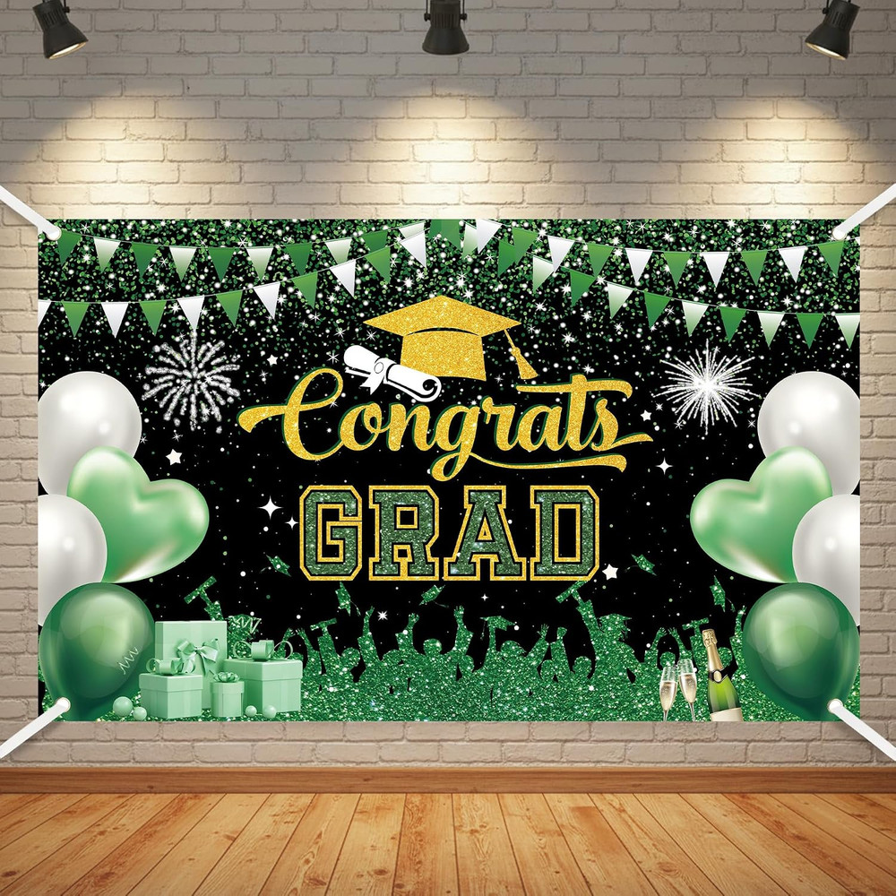 Graduation Backdrop Party Decorations – Green and Gold Graduation Backdrop