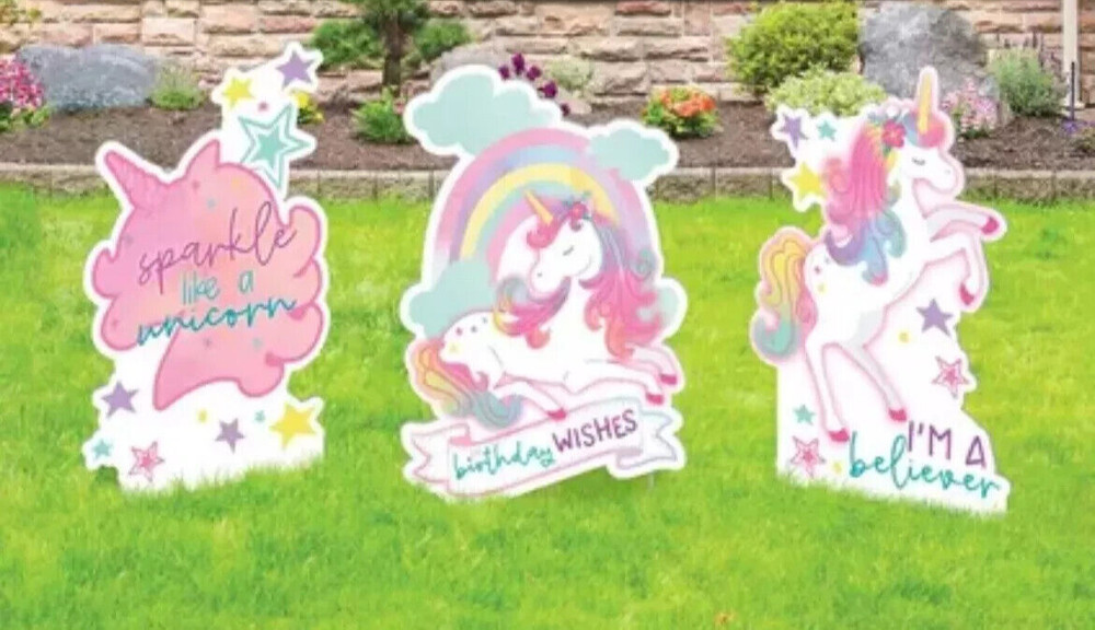 3 Unique Large Unicorn Yard Signs Birthday, Party w/Metal Stakes 23.8″ High