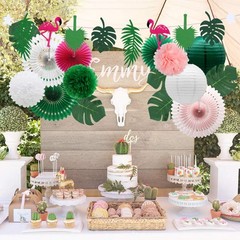 14 Pcs Tropical Party Decorations Set – Pre-Strung Flamingo Green Pink