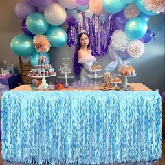 2 Pack Teal Blue Shiny Wavy Tinsel Foil Fringe Table Skirts Table Decorations