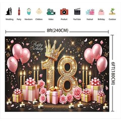 18th Birthday Backdrop Banner – Black & Pink Balloons, Golden Crown Theme, 8x6ft